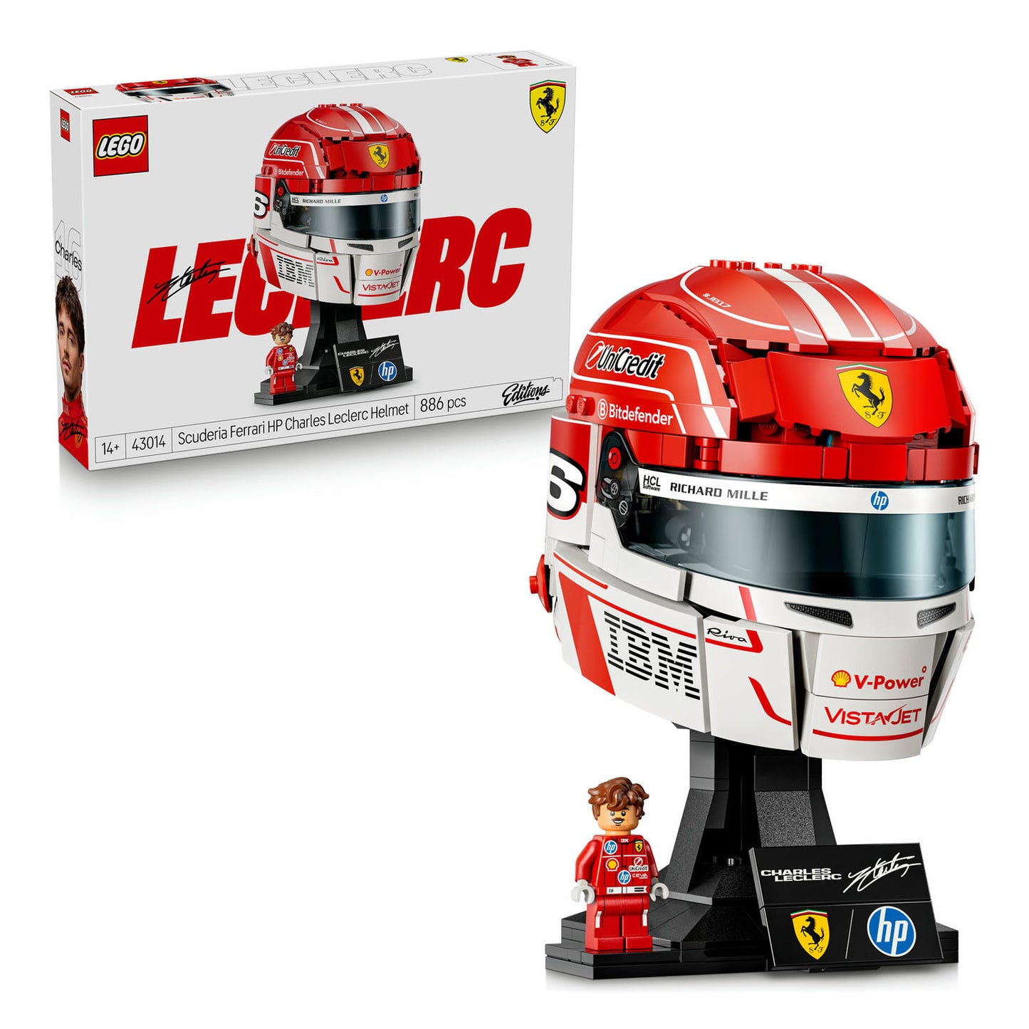 LEGO Scuderia Ferrari helmet set with packaging on a white background