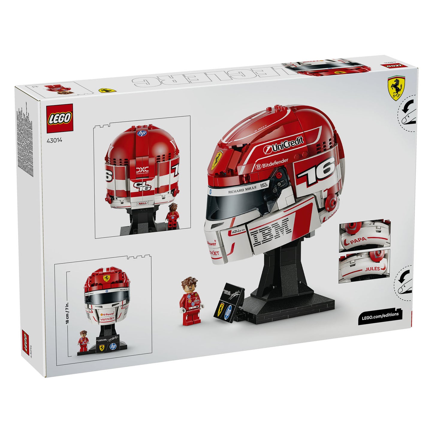LEGO Ferrari helmet set packaging with images of the helmet and instructions on a white background