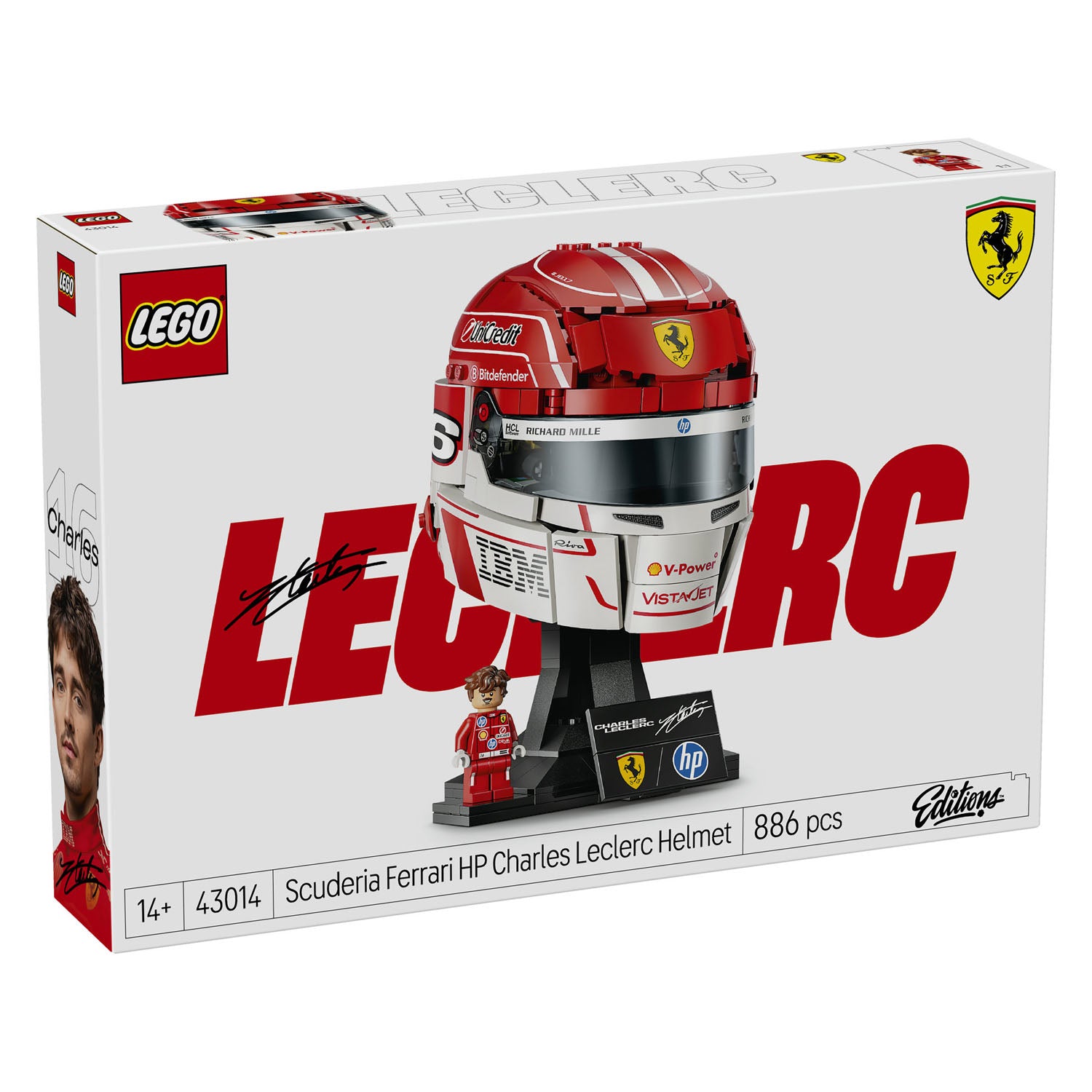 LEGO Scuderia Ferrari HP Charles Leclerc Helmet set packaging on a white background