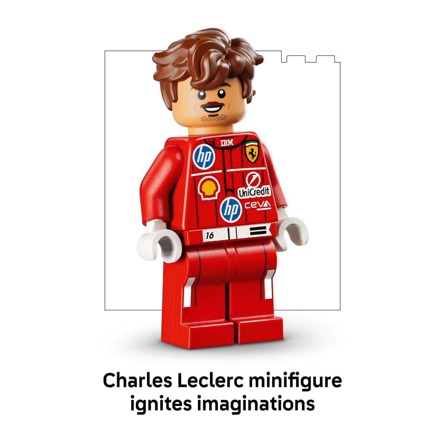 LEGO minifigure of Charles Leclerc with sponsor logos on a white background